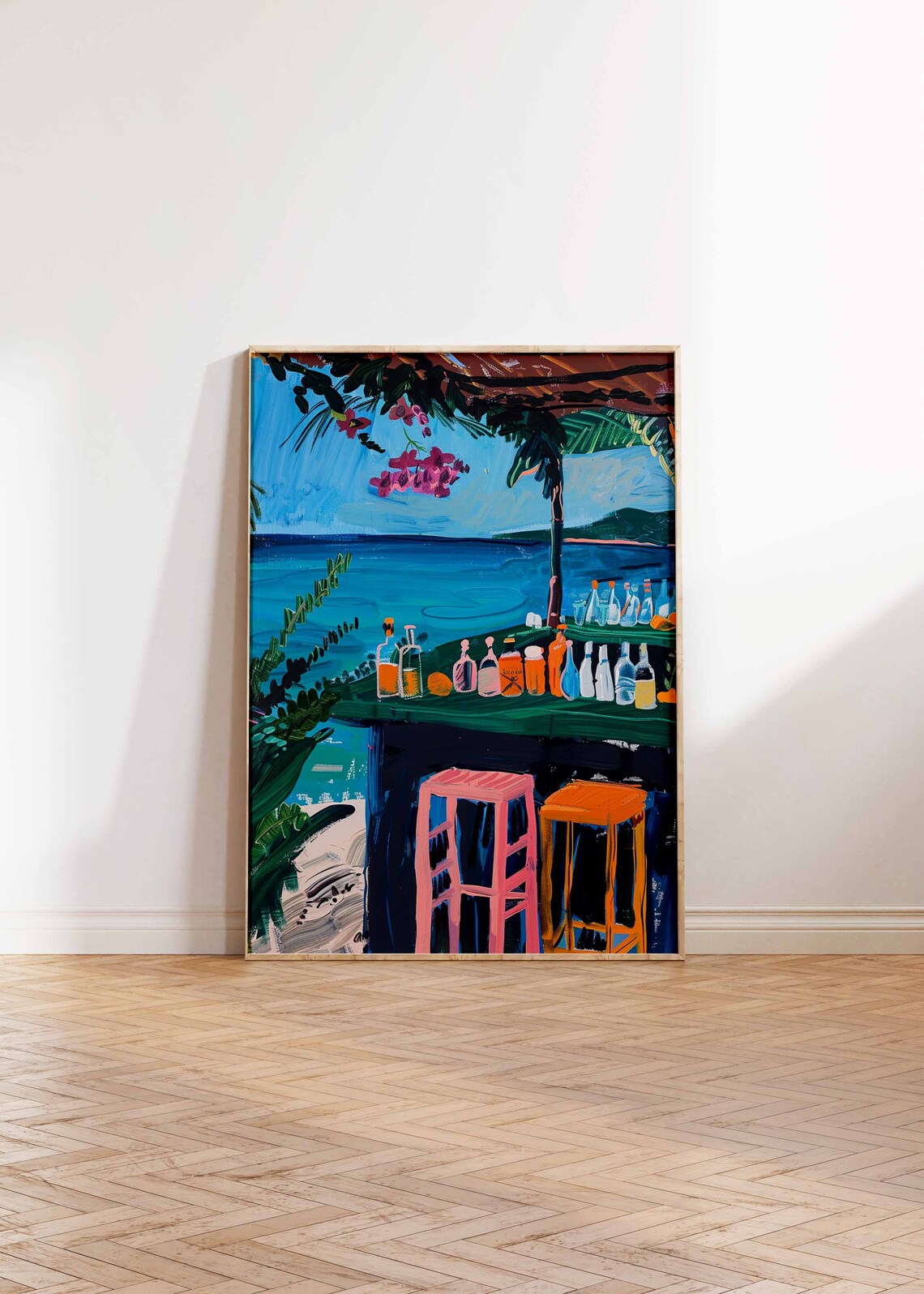 Colorful Beach Bar Bottles Pink Stools Bougainvillea Ocean View Poster - Image 2