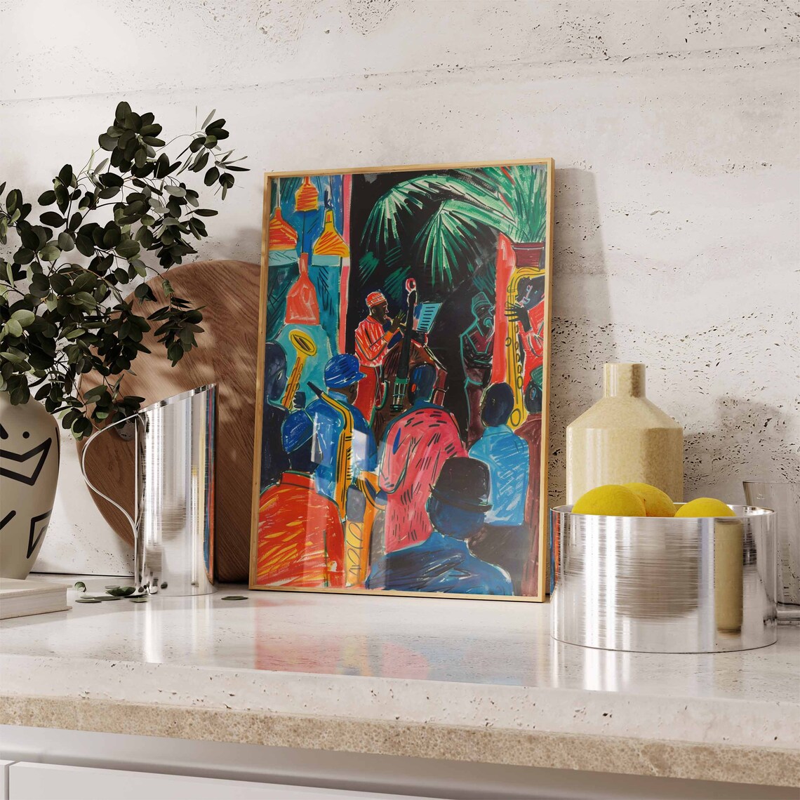 Jazz Musicians Tropical Club Palm Trees Hanging Lamps Painting Poster - Image 2
