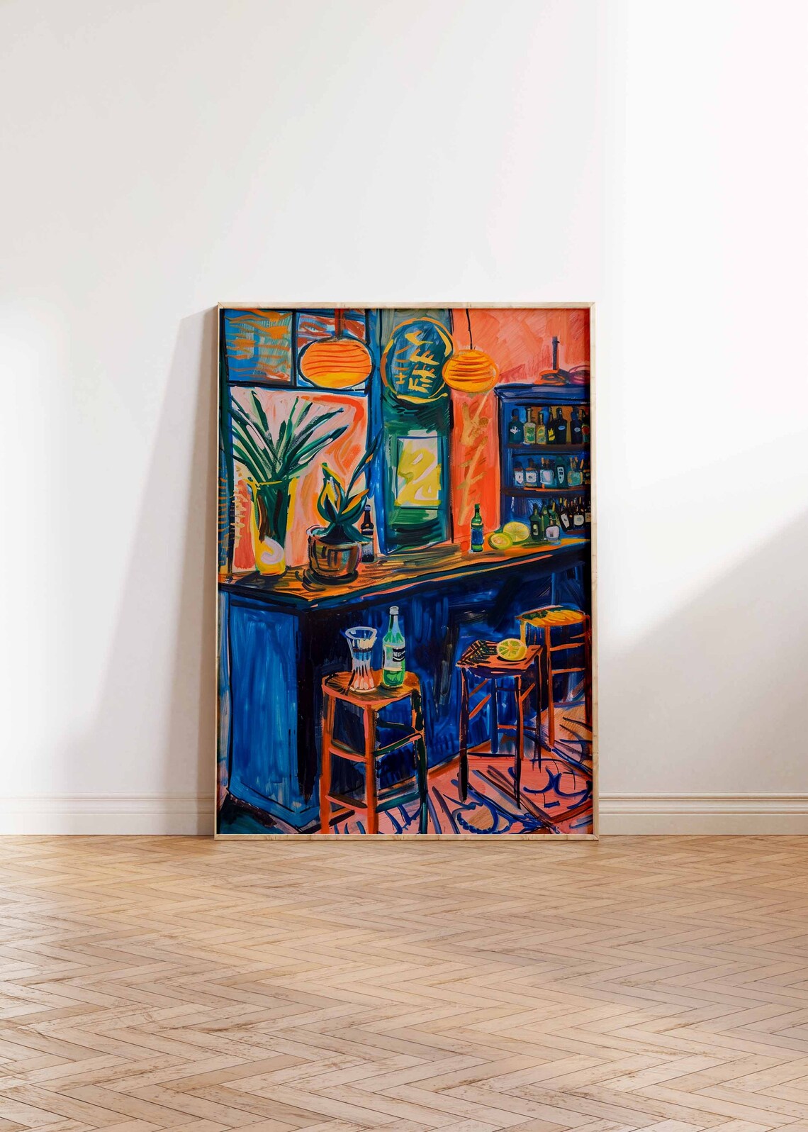 Japanese Izakaya Bar Corner Bold Orange Blue Bar Stools Painting Poster - Image 2