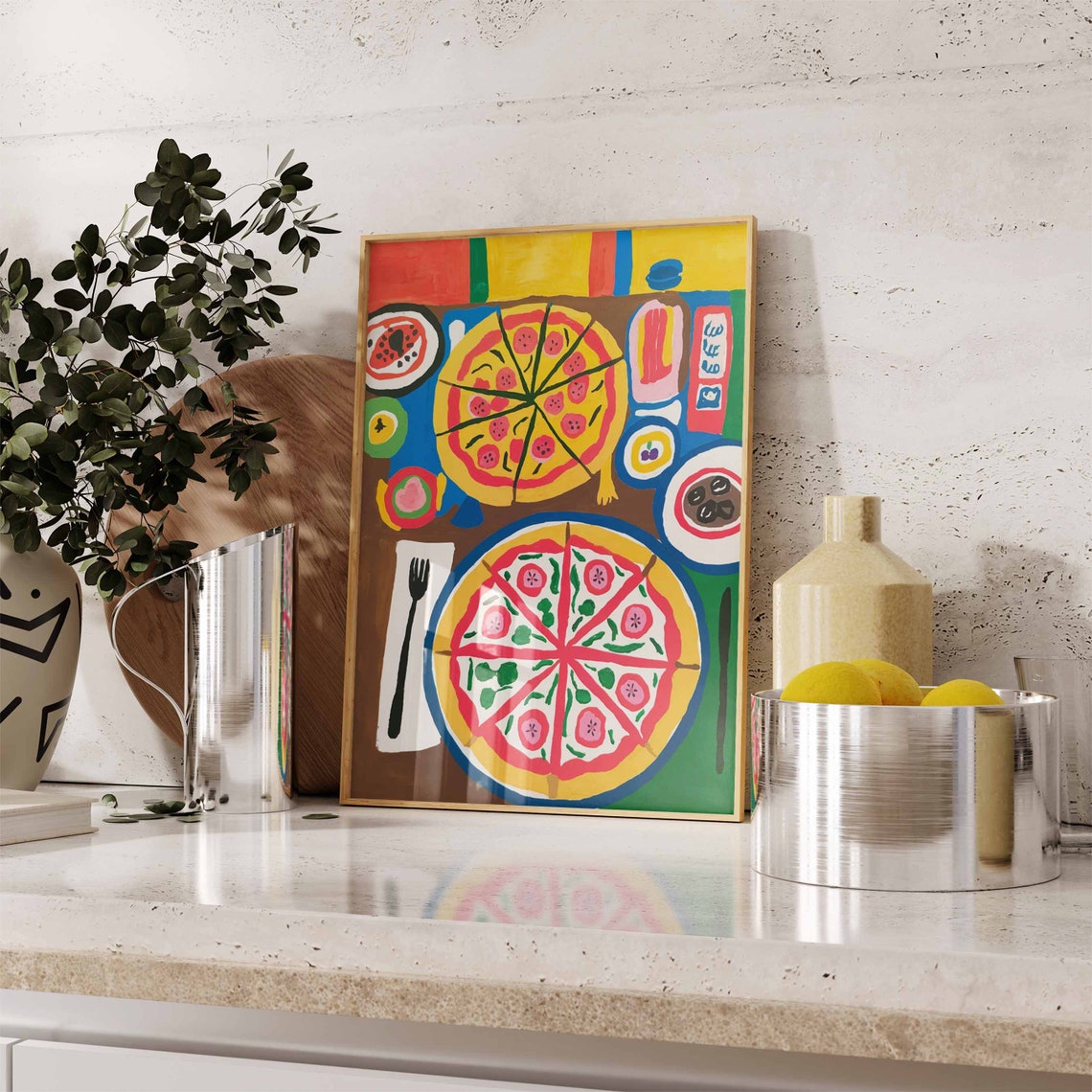 Colorful Pizza Dinner Feast Illustration Retro Kitchen Art Poster - Image 2