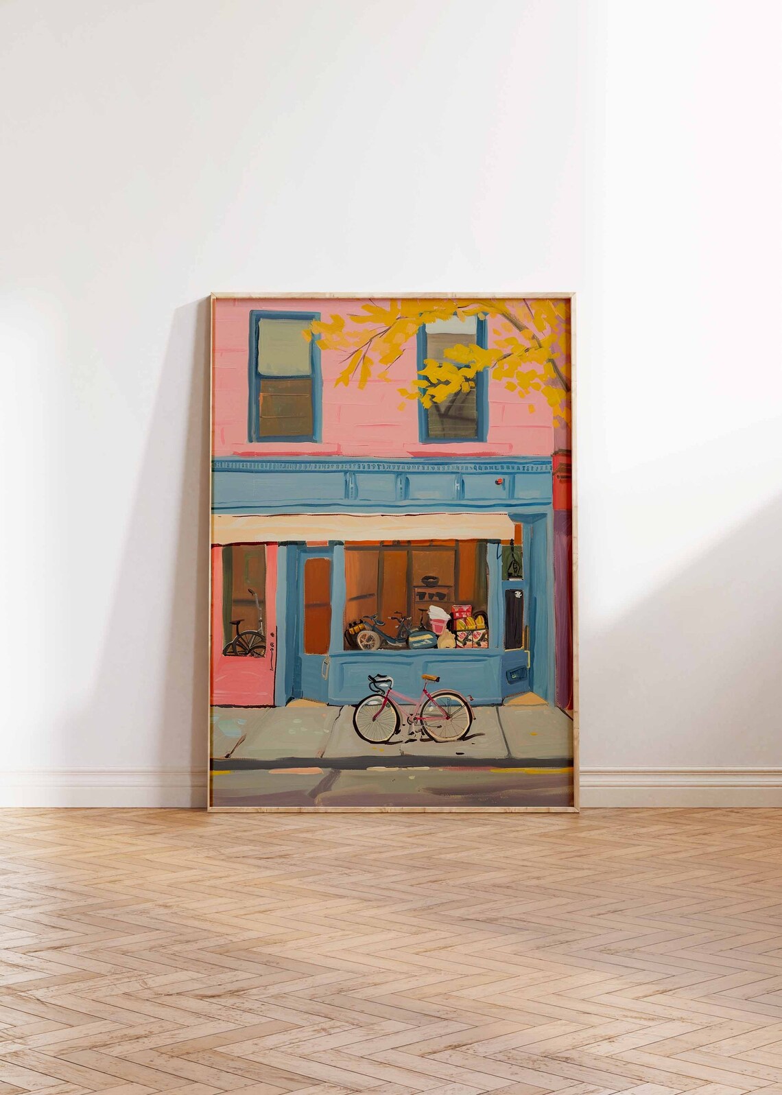 Pink Blue Storefront Pink Bicycle Autumn Tree Street Art Poster - Image 2