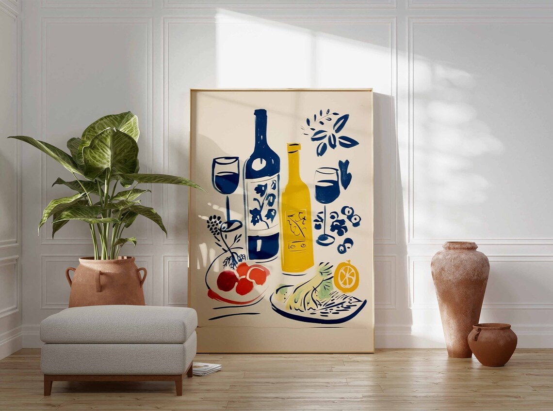 Dinner Party Wine And Food Still Life Illustration Poster Vintage - Image 3