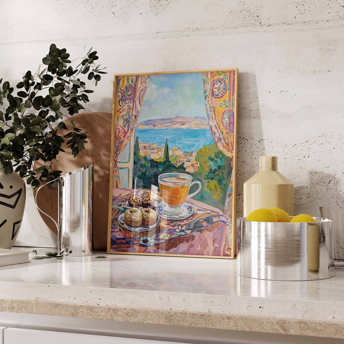 Tea and Pastries by the Sea Fauvist Window View Still Life Art Poster - Image 2