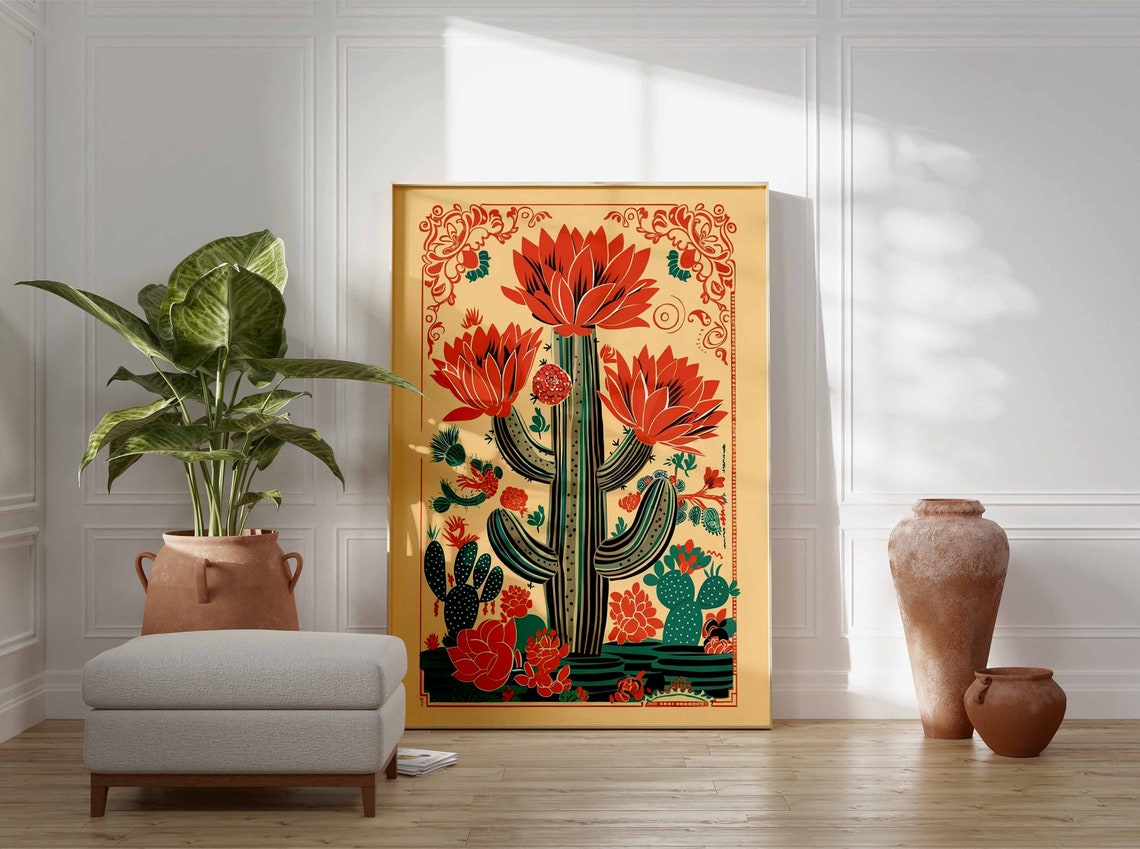 Vintage Mexican Cactus Bloom Folk Art Botanical Desert Poster - Image 2
