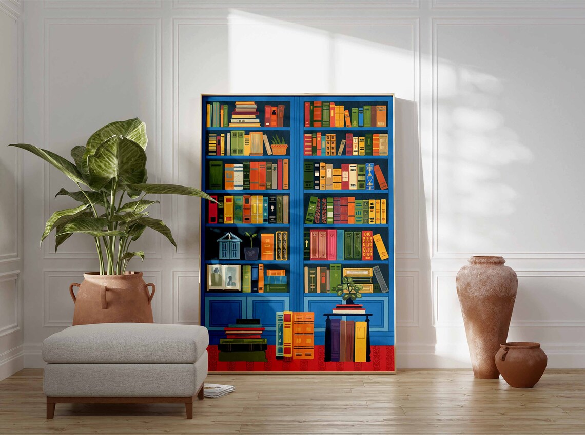 Blue Bookshelf With Stacks Of Books Reading Corner Wall Poster - Image 3