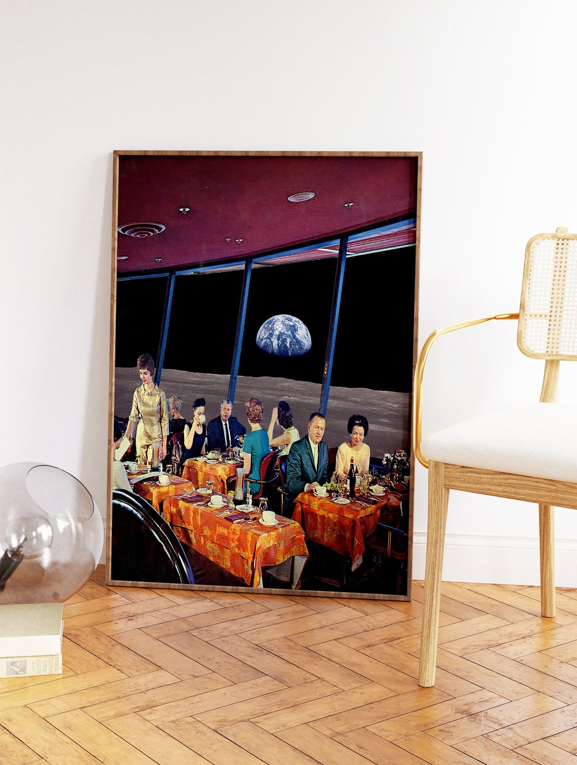 Surreal Retro Diner Moon Surface Night Earthrise Collage Poster - Image 3