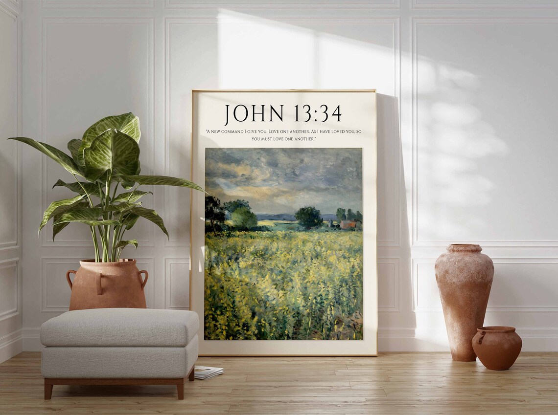 John 13:34 Bible Verse Golden Flower Field Monet Style Christian Art Poster - Image 2