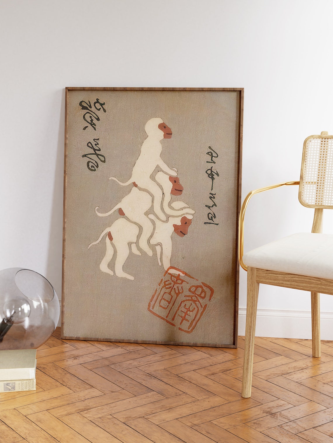 Japanese Stacked Monkeys Vintage Woodblock Calligraphy Art Poster - Image 2