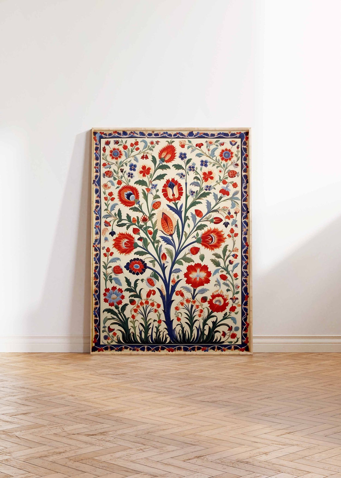 Indian Floral Textile Pattern Ivory Red Blue Vintage Botanical Print - Image 3