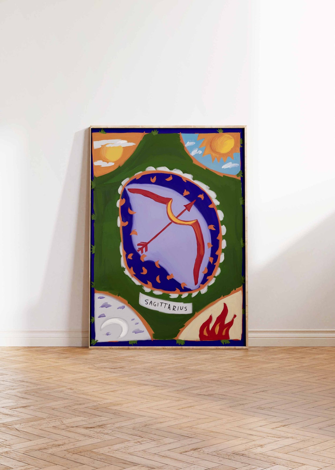 Sagittarius Zodiac Bow Arrow Green Medallion Sun Flame Poster - Image 2