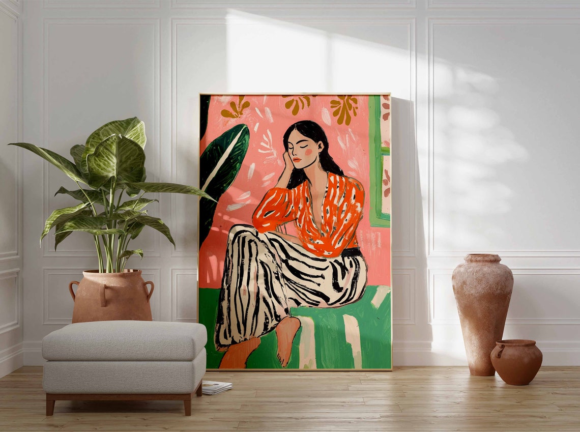Woman Resting Head on Hand Dreamy Colorful Botanical Art Poster - Image 2