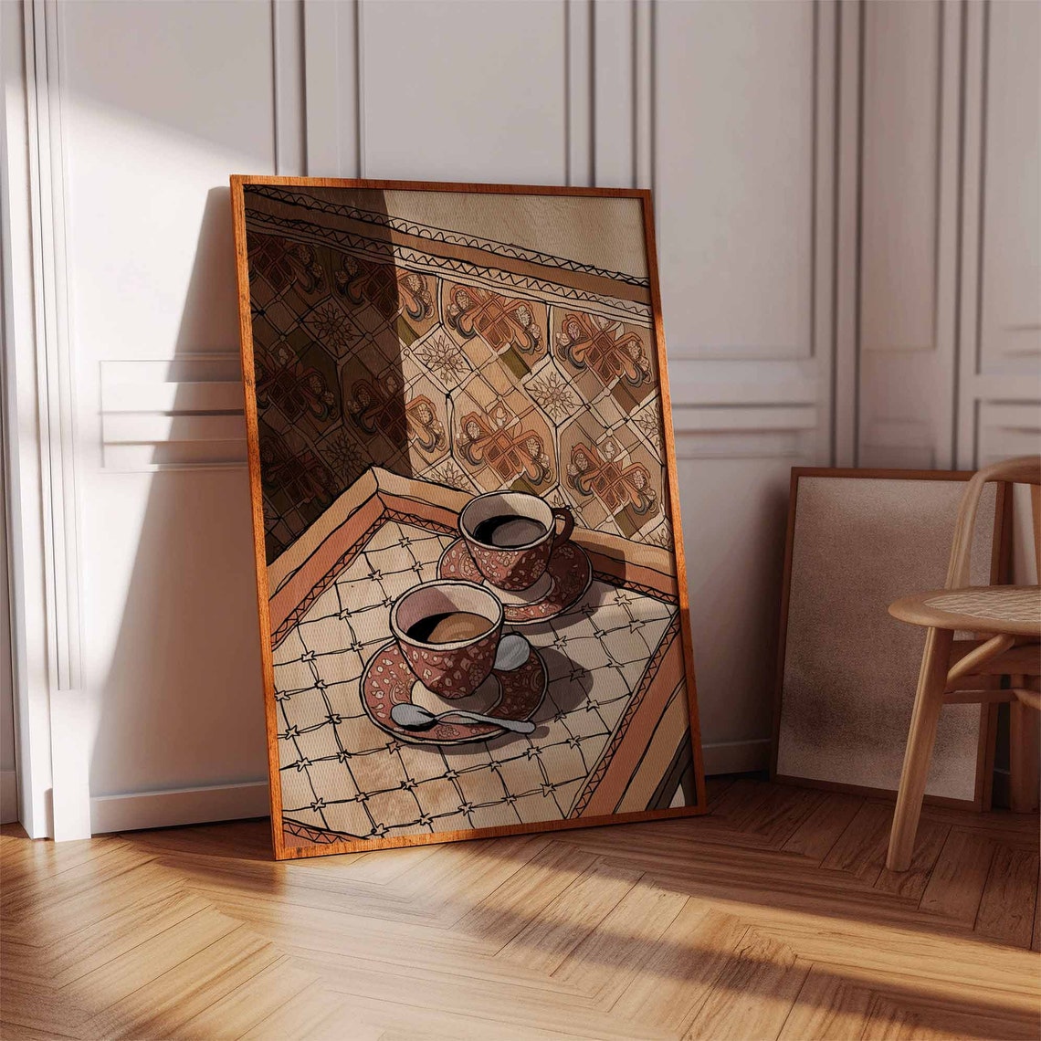 Cozy Patterned Coffee Cups on Moroccan Tile Table Art Poster - Image 2
