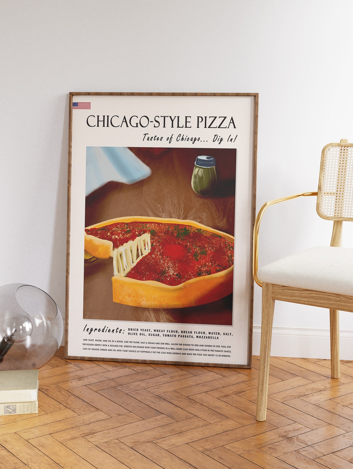 Chicago Style Deep Dish Pizza Recipe Vintage Kitchen Wall Poster - Image 3