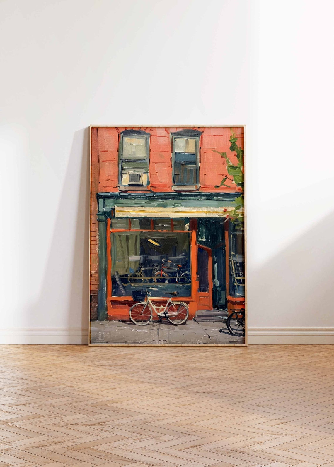 Orange Red Storefront White Bicycle City Street Painting Poster - Image 2