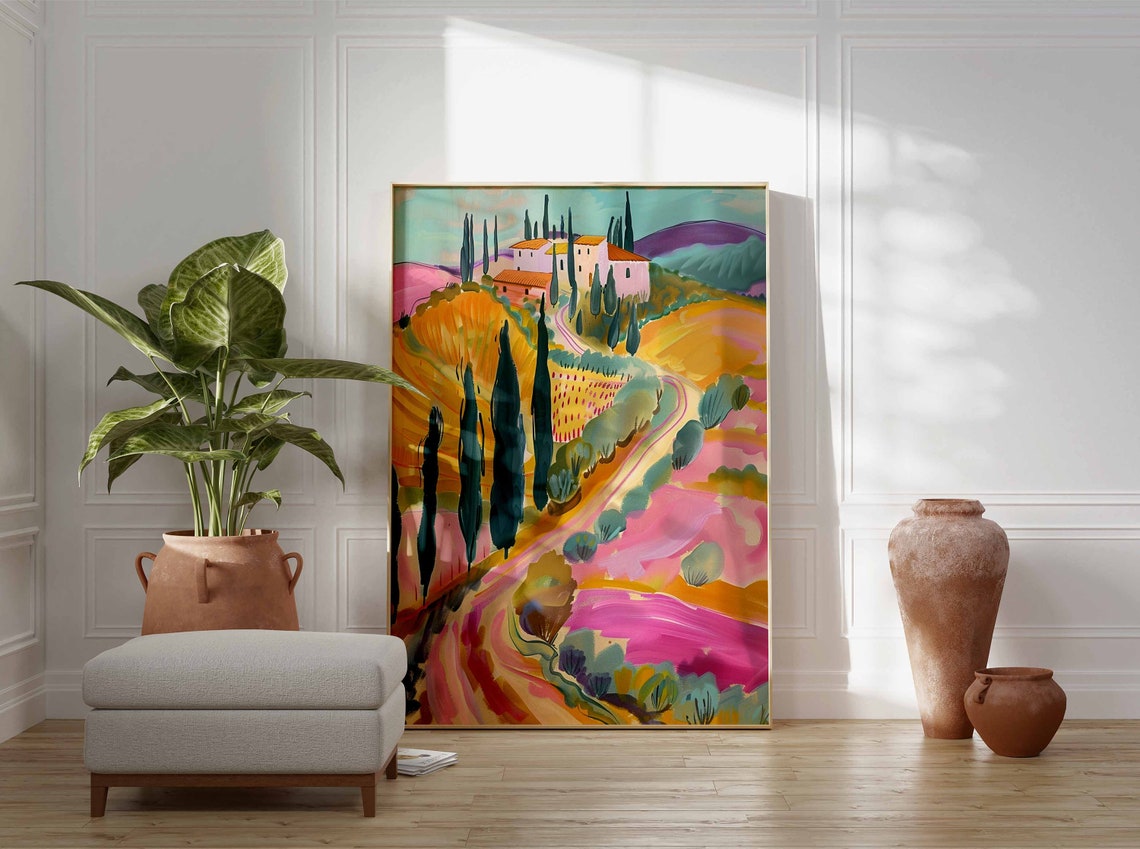 Tuscan Hilltop Villa Cypress Trees Golden Landscape Art Print - Image 3