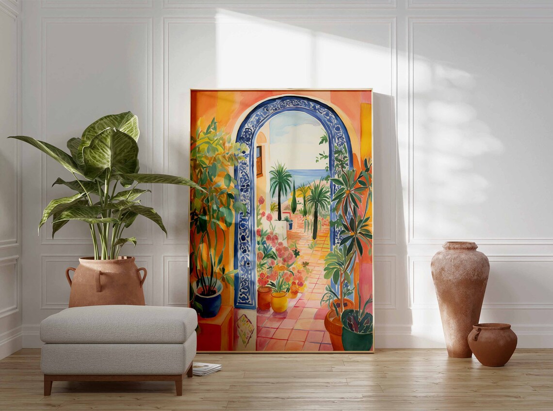 Blue Moroccan Doorway Arch Persian Tiles Courtyard Sea Wall Art - Image 2