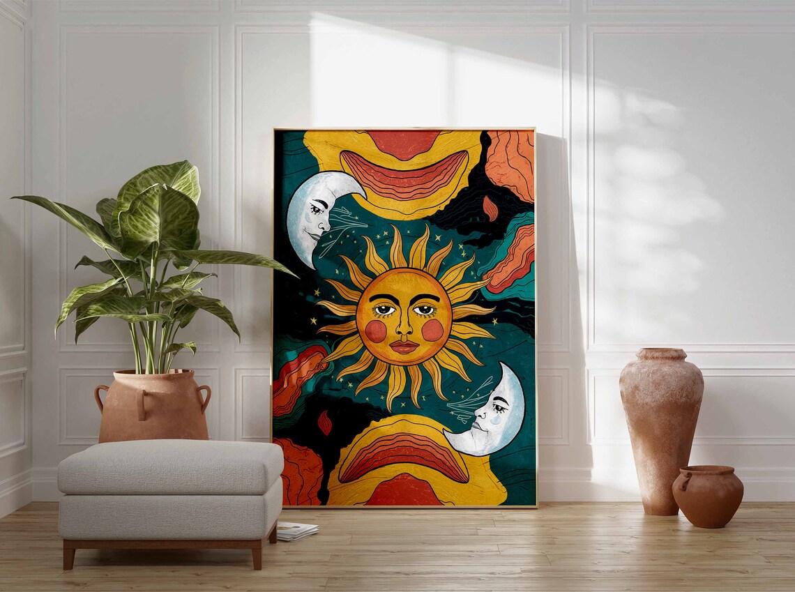 Sun And Moon Faces Colorful Folk Art Spiritual Wall Decor Poster - Image 3