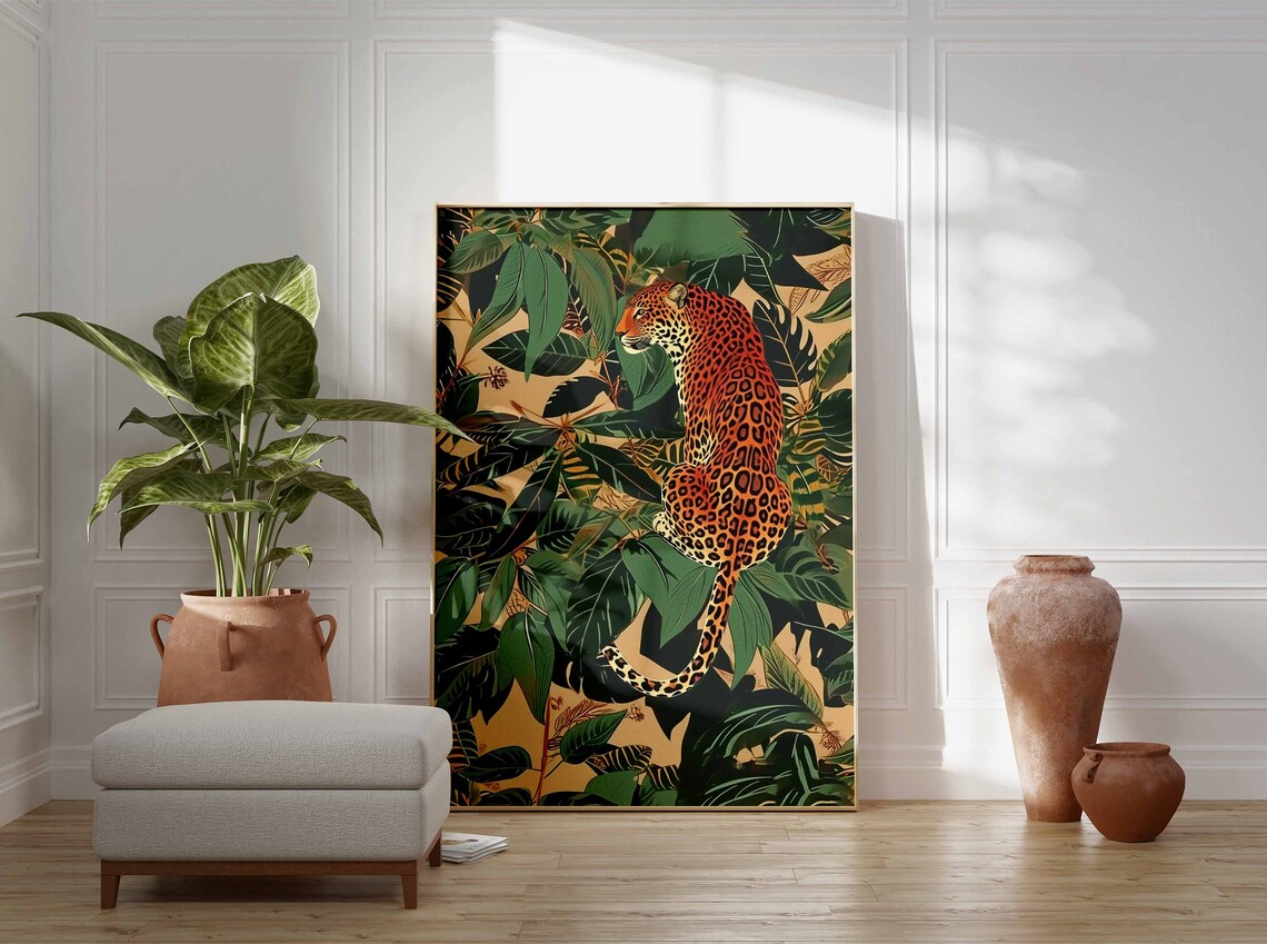 Leopard in Tropical Jungle Foliage Botanical Big Cat Art Poster - Image 2