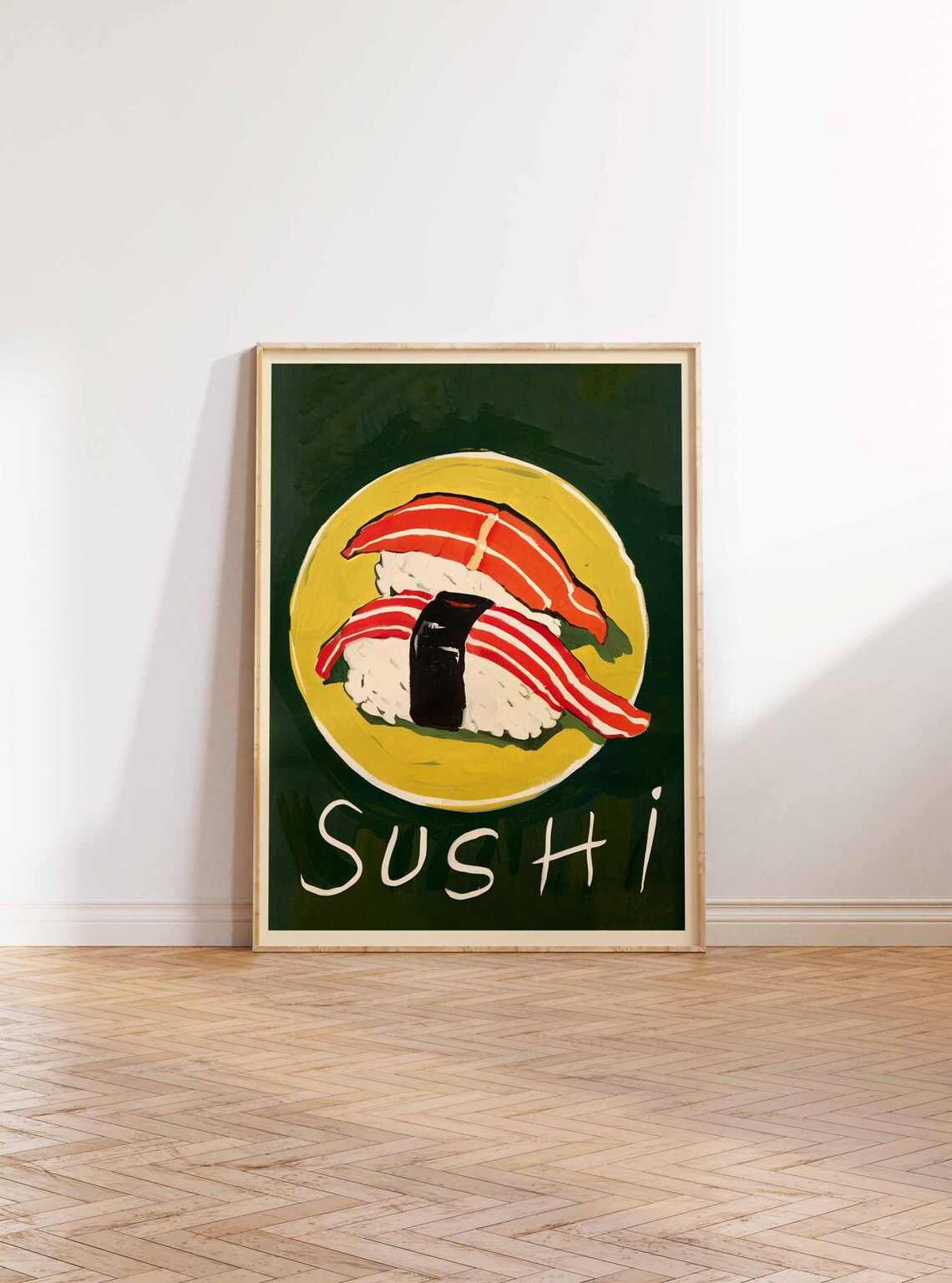 Salmon Nigiri Sushi Hand Painted Yellow Plate Food Art Poster - Image 2