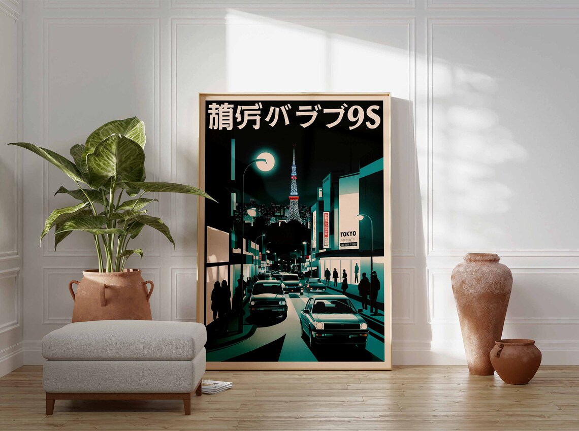 Tokyo Night Street Cars Moon Retro Vintage Japanese Urban Poster - Image 3