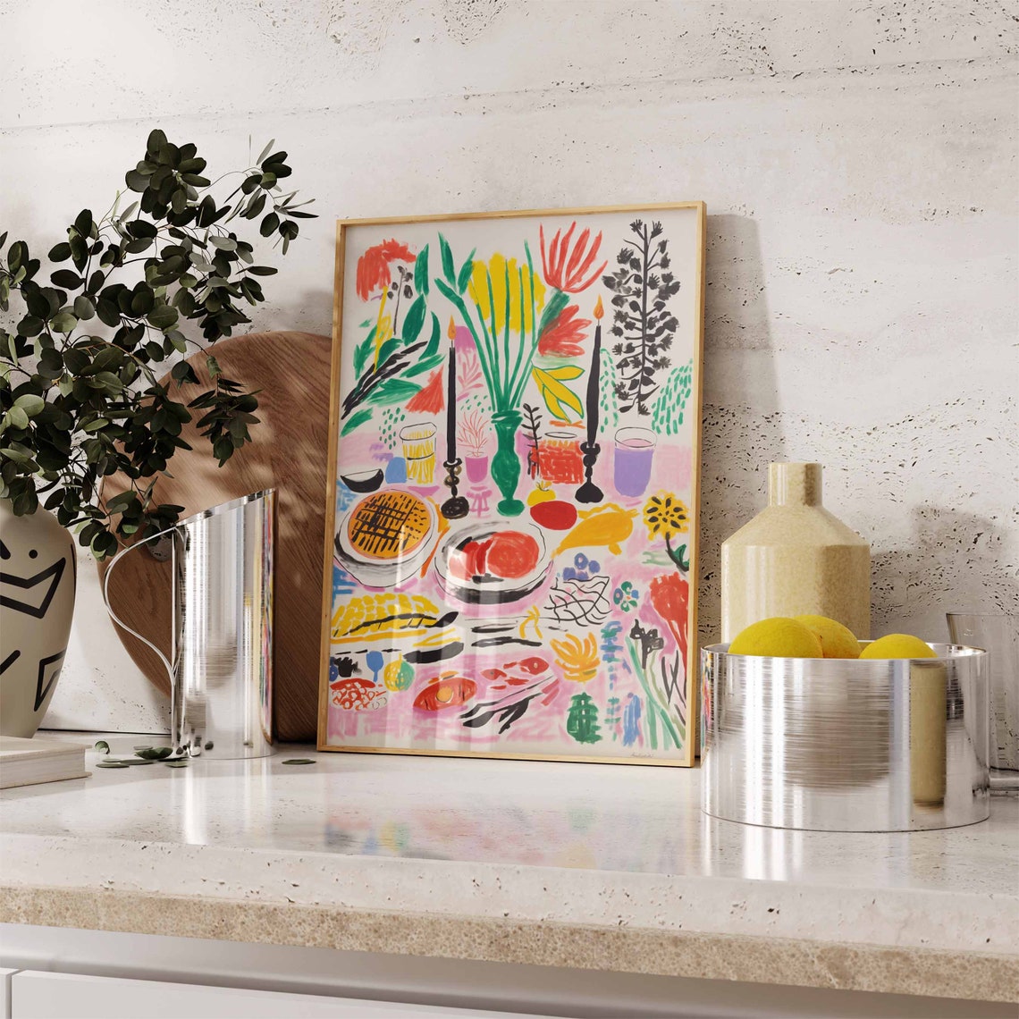 Colorful Abstract Dinner Table Still Life Candles Food Poster - Image 2