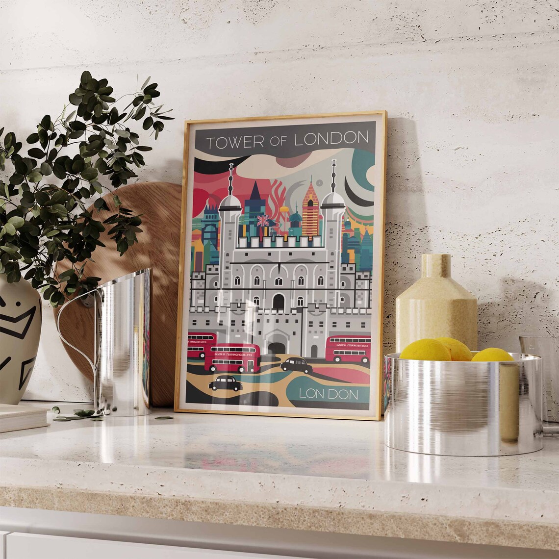 Tower of London Colorful Skyline Red Buses Retro Travel Poster - Image 3