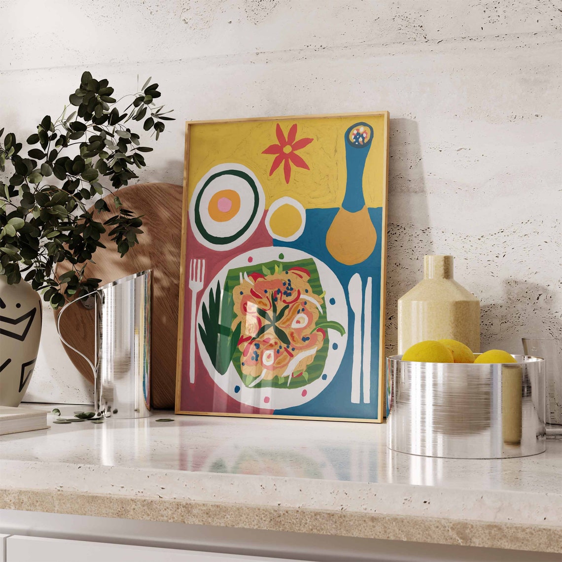 Thai Pad Thai Shrimp Dinner Illustration Colorful Kitchen Art Poster - Image 2