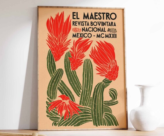 El Maestro Red Flowering Cacti Vintage Mexico Magazine Art Poster