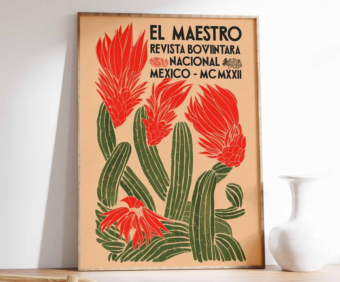 El Maestro Red Flowering Cacti Vintage Mexico Magazine Art Poster