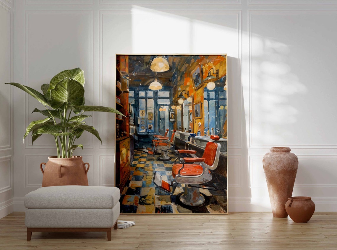 Blue Vintage Barbershop Orange Chairs Retro Salon Interior Print - Image 3