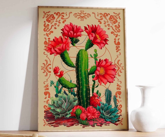 Mexican Flowering Cactus Red Blooms Vintage Botanical Poster