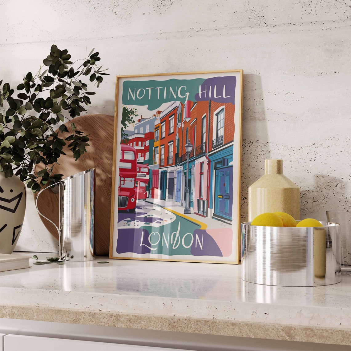 Notting Hill London Red Bus Colorful Houses Street Beautiful Wall Art - Image 3
