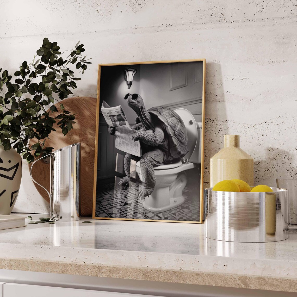 Funny Tortoise Reading Newspaper On Toilet Black And White Poster - Image 2