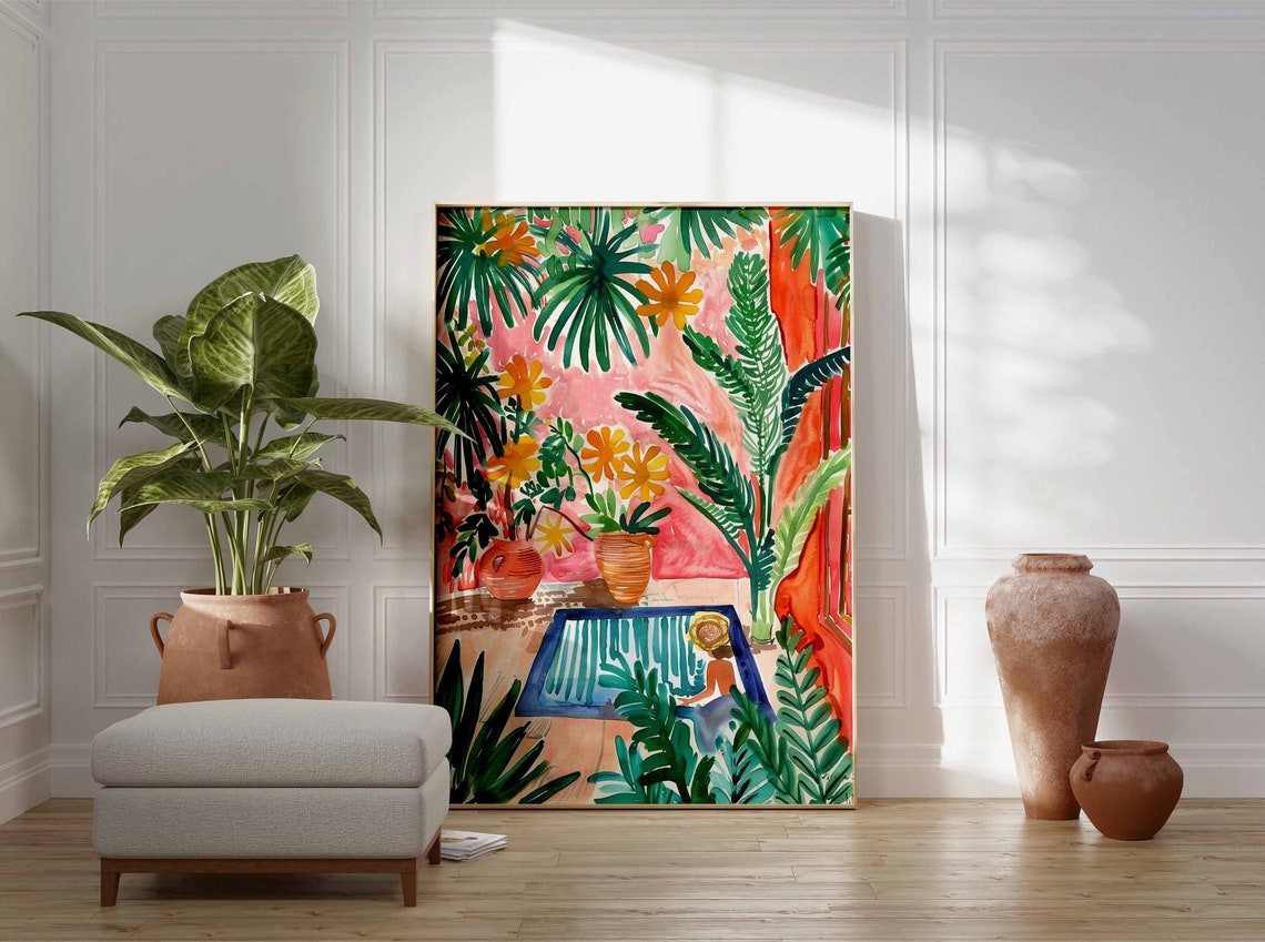 Tropical Garden Palms Orange Flowers Blue Fountain Art Print - Image 2
