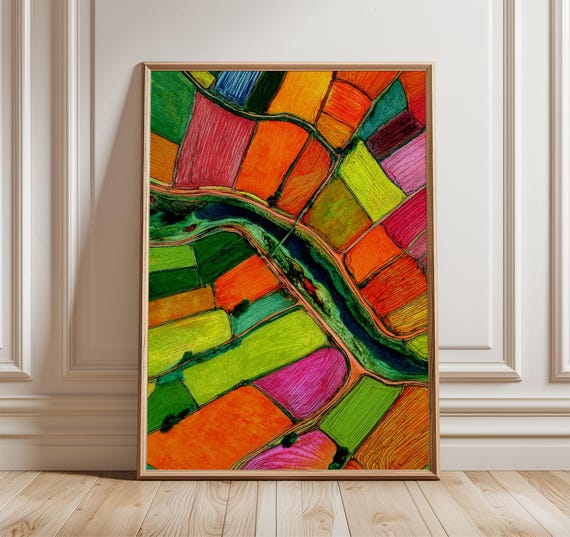 Colorful Aerial Landscape Art Print Vibrant Modern Wall Decor Of Farmland From Above Abstract Geometric Nature Poster Bold Home Artwork