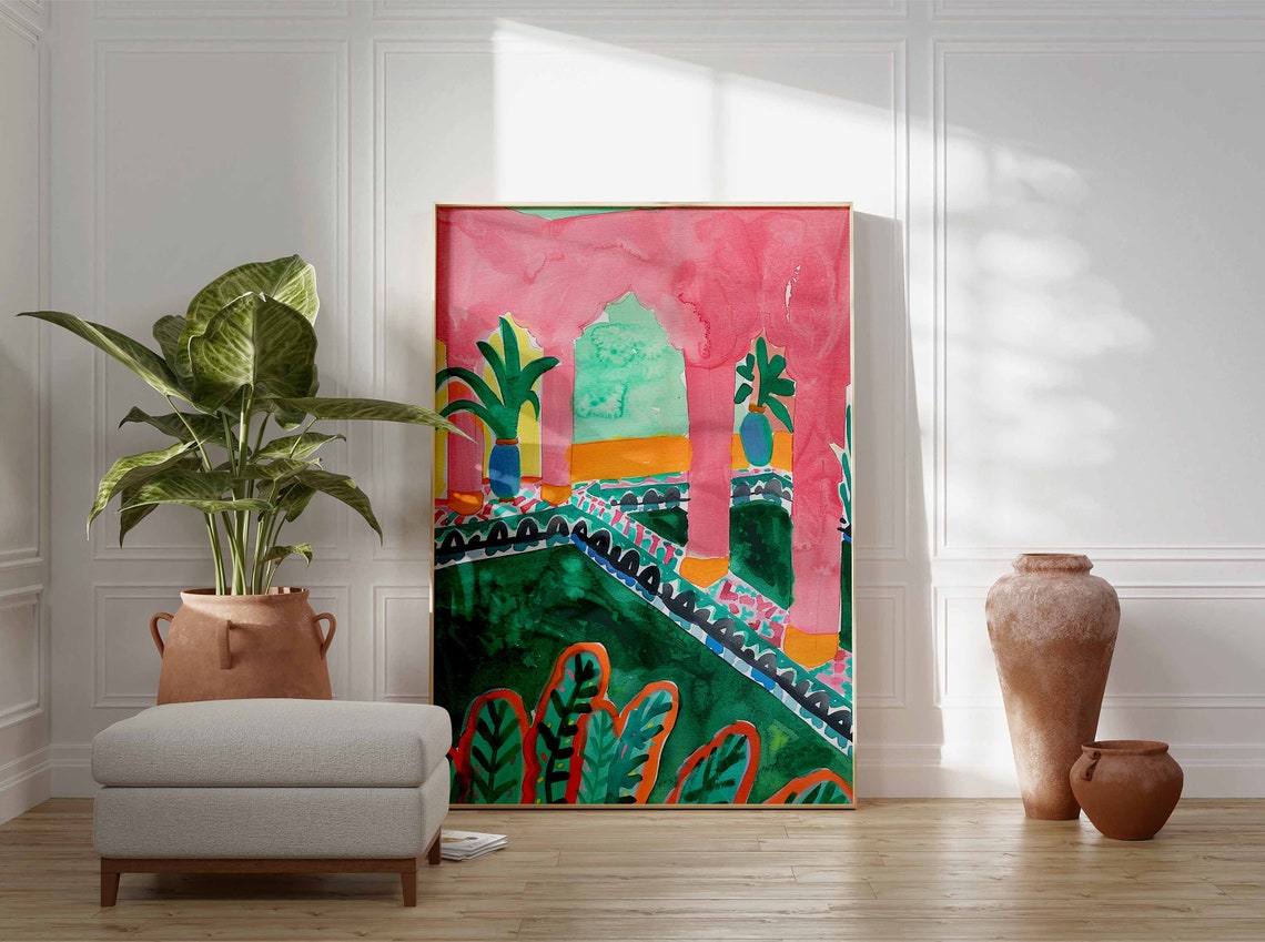 Pink Moroccan Courtyard With Arches Watercolor Garden Art Poster - Image 2