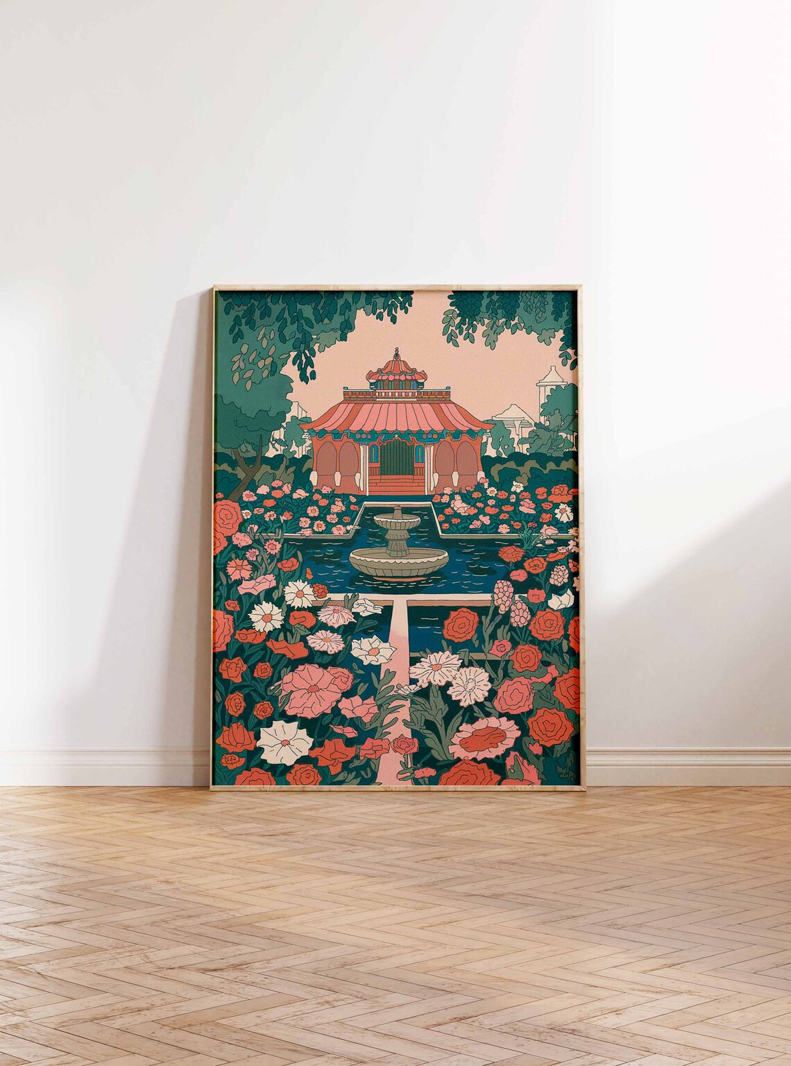 Pink Pavilion Fountain Indian Palace Garden Floral Art Poster - Image 2