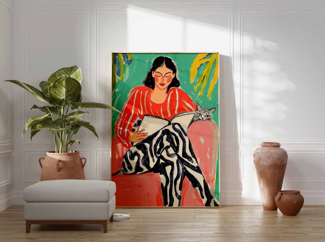 Woman Reading Book With Gray Cat Cozy Modern Art Illustration Poster - Image 2
