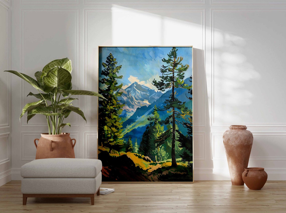 Two Tall Pines Framing Alpine Valley Golden Meadow Mountain Poster - Image 3