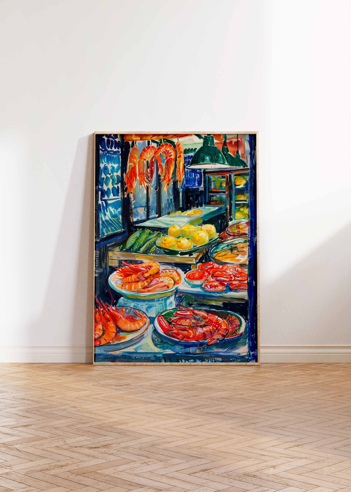 Shrimp Platters Hanging Prawns Blue Market Still Life Painting Poster - Image 2