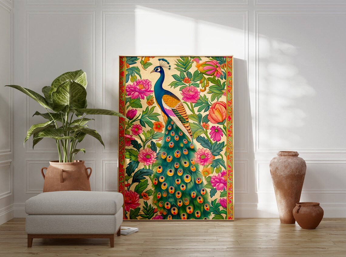 Peacock Pichwai Indian Botanical Floral Art Print - Image 3