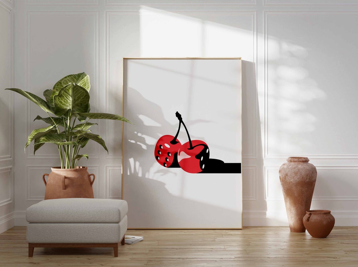 Small Red Cherries Black Dot Dice Retro Minimalist Art Poster - Image 3