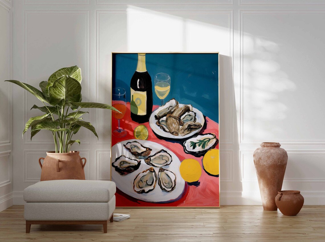Oysters and Wine Still Life Coastal Seafood Painting Kitchen Poster - Image 3