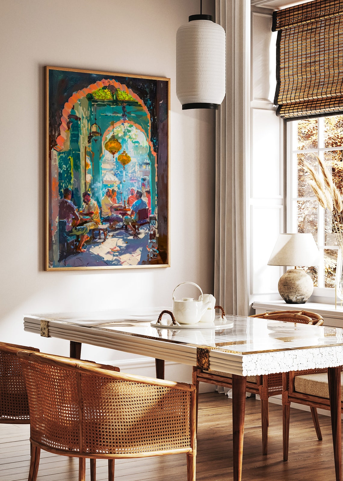 Sunlit Moroccan Archway Cafe Diners Hanging Lanterns Art Poster - Image 2