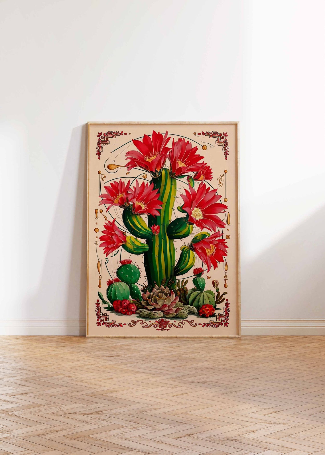 Red Flowering Cactus Succulents Vintage Mexican Botanical Poster - Image 3