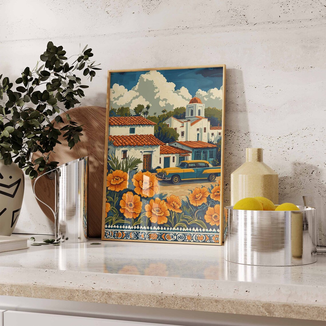 Mexican Village Street Vintage Car Marigold Retro Travel Poster - Image 2