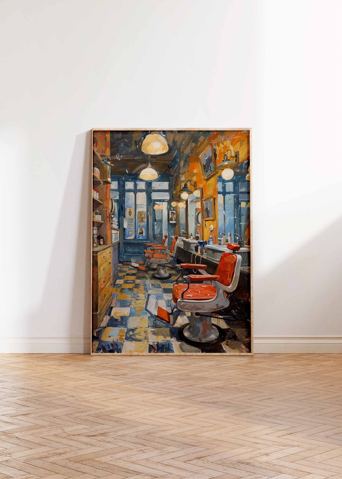 Blue Vintage Barbershop Orange Chairs Retro Salon Interior Print - Image 2