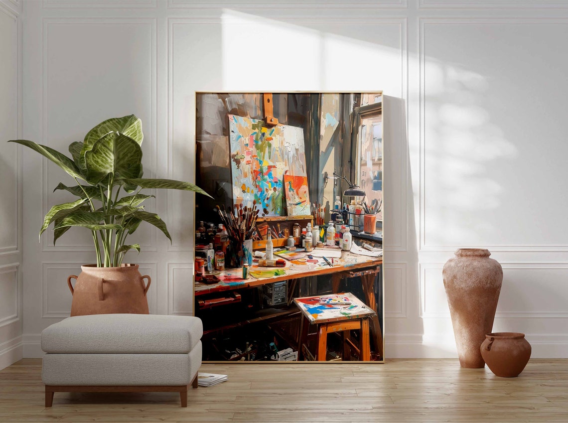 Artist Studio Interior with Easel and Colorful Paint Supplies Poster - Image 3