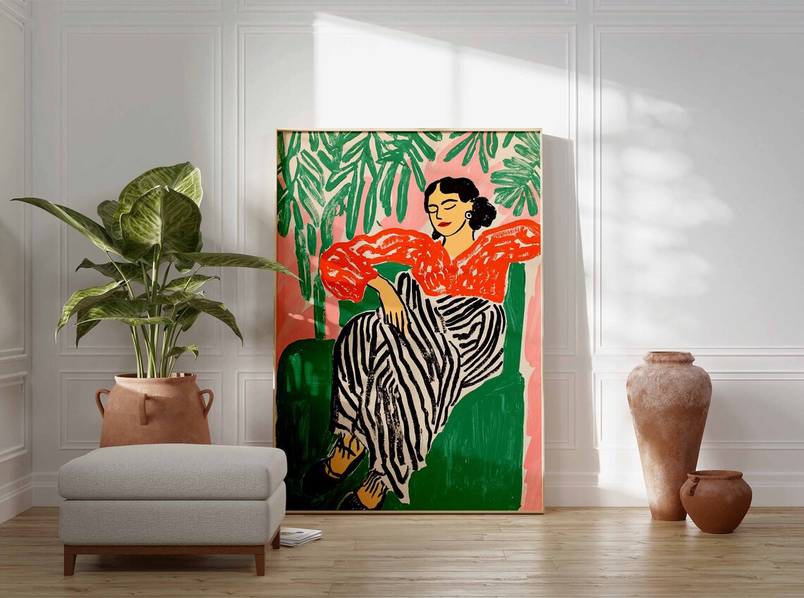 Lounging Woman Orange Blouse Zebra Skirt Palm Leaves Art Poster - Image 2