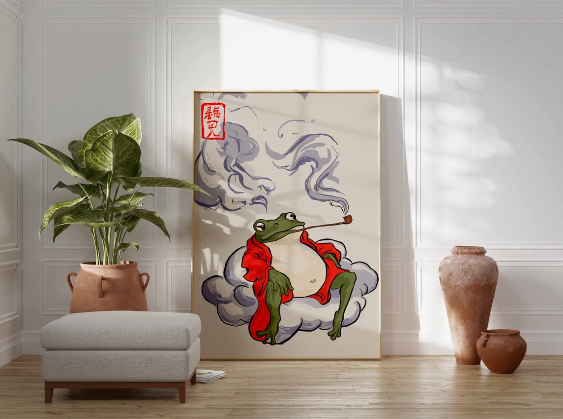 Japanese Frog Smoking Pipe Red Robe Vintage Illustration Poster - Image 2